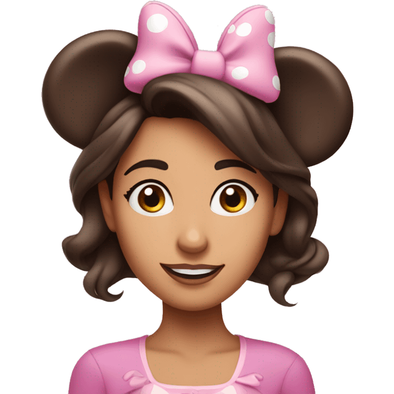 Brunette woman with brown eyes wearing pink minnie mouse ears emoji