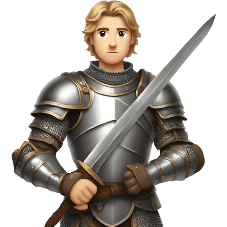 With gray eyes, with gray eyes, A young man with light brown hair and gray eyes, in knightly armor, fantasy, looks seriously, holds a sword in his hands emoji