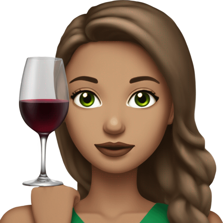 Beautiful green eyed model with brown hair, beige skin, with a wine, with a makeup  emoji