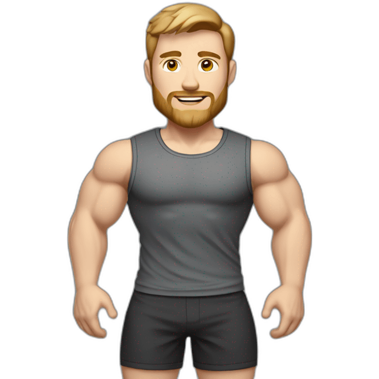 Full height Pale skinned fit man With biceps, Realistic eyes and mouth, light brown hair and stubble In dark gray sleeveless mike, black oversize sports shorts, watch and white sneakers. emoji