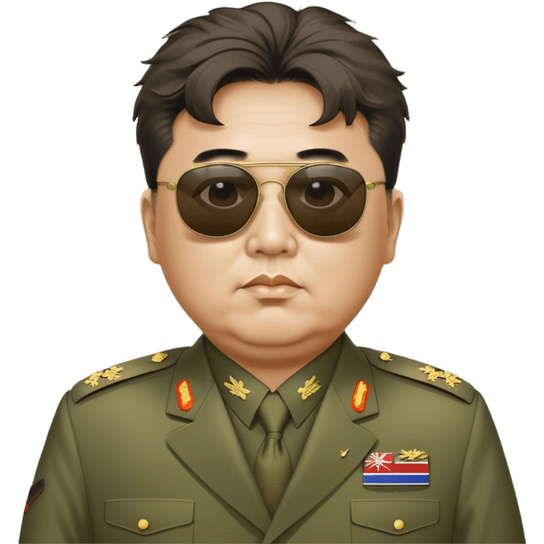 Messy haired general Kim Jung Il wearing olive mao suit and large sunglasses emoji