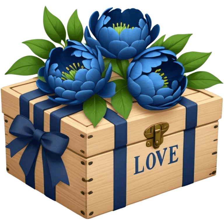 An antique wooden box filled with love blue letters tied with deep green bows, accompanied by a bouquet of navy blue peonies. emoji