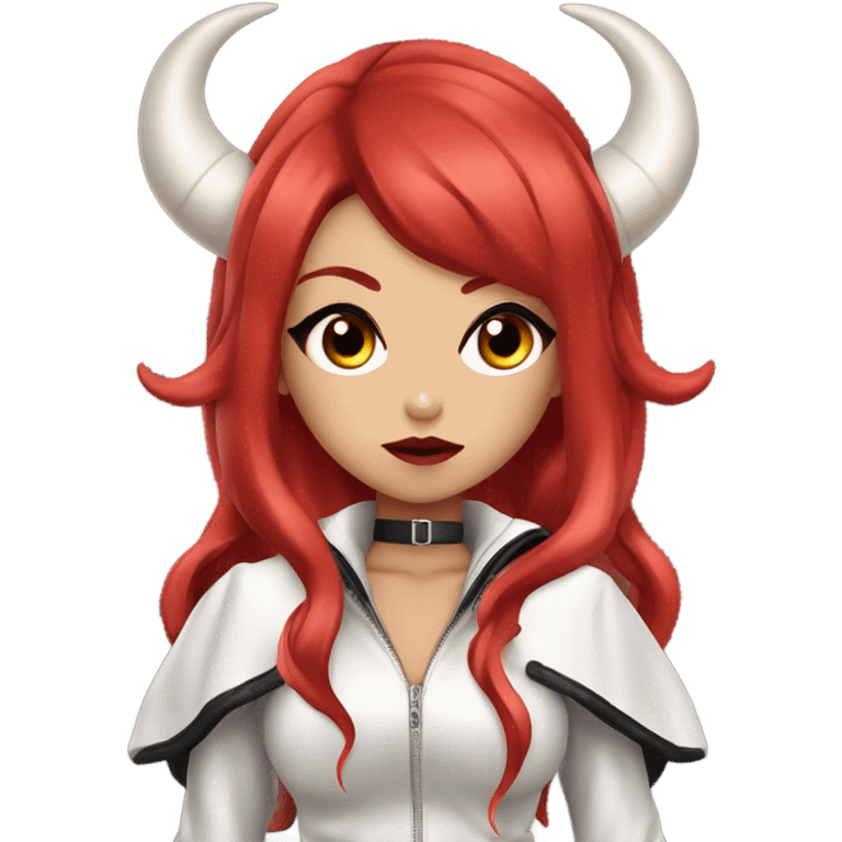 demon hime gyaru girl, black eyes, red hair, demon horns, leather coat emoji