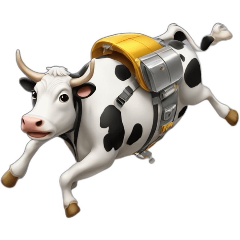 side-on view of cow flying to space while wearing a jetpack with legs being pushed back by the wind emoji