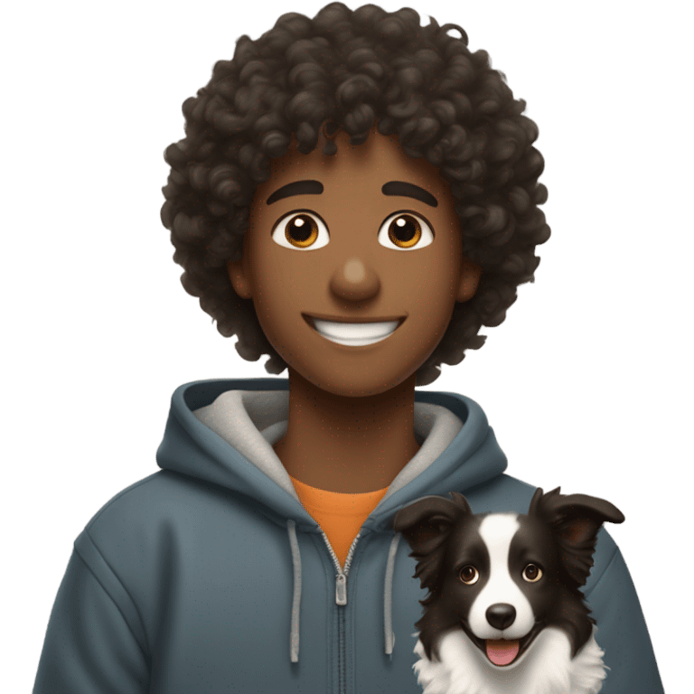 A happy curly-haired boy in a sweatshirt holds a border collie emoji