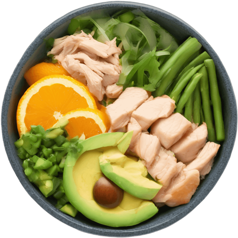 Poke bowl with chicken, avocados, oranges, cucumbers and green beans; side view emoji