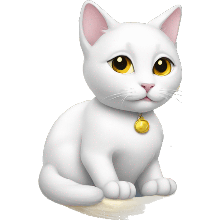 white cat sitting on moon with halo on head emoji