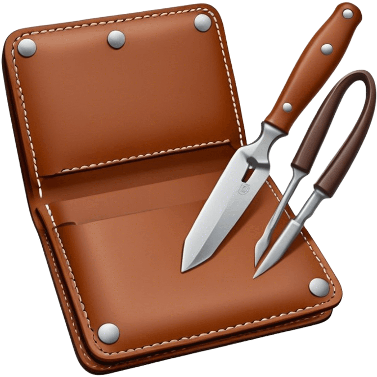 Leatherworking icon, piece of raw leather being crafted into a leather wallet or belt with engraving, professional tools like leather stitching awl, edge beveler, hammer, prying tool, minimalistic style, clean lines, transparent background. emoji