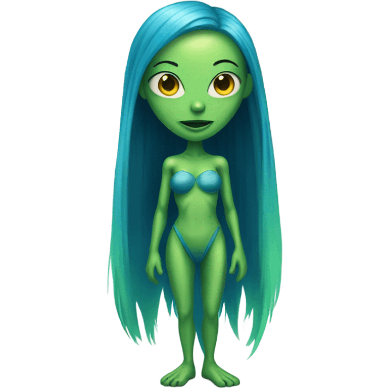 a green alien woman full body,blue hair emoji