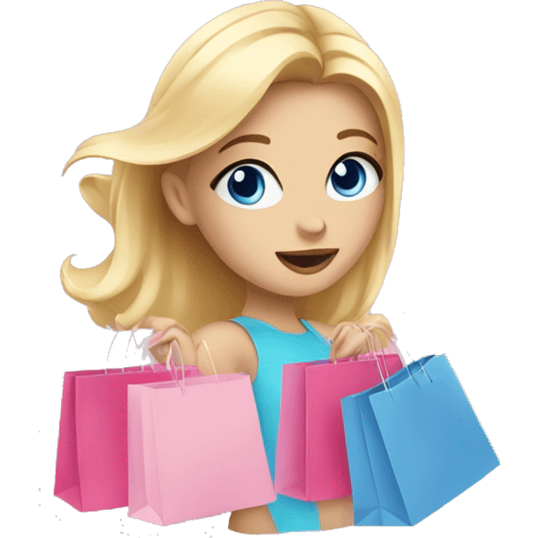 cute blonde with blue eyes surrounded by pink shopping bags emoji