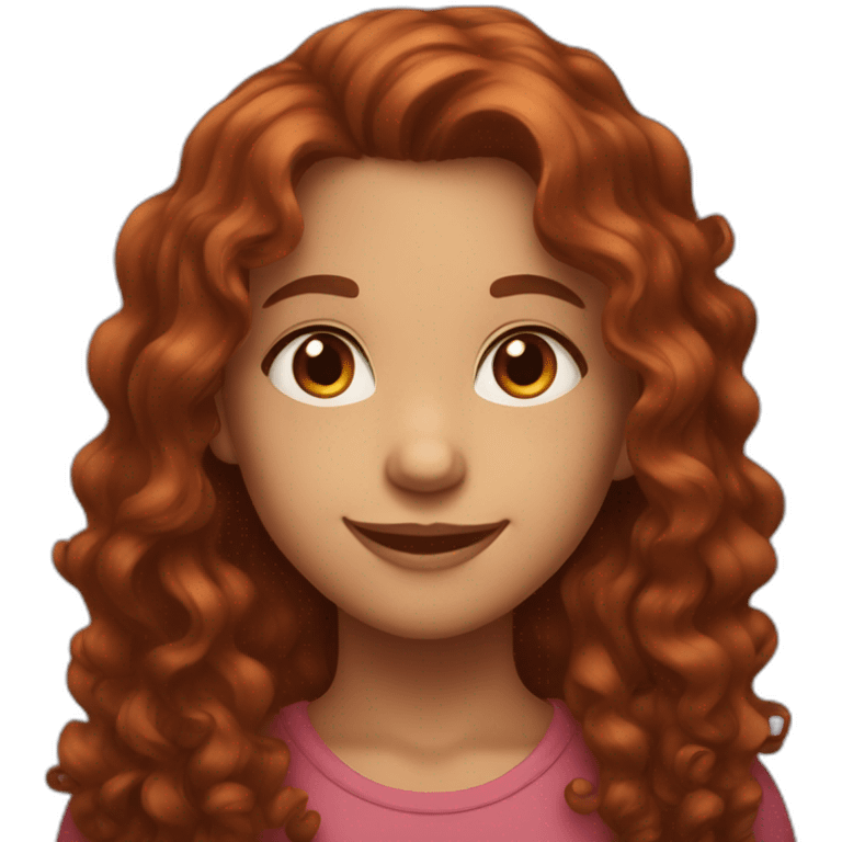 A girl with curly dark red long hair and brown eyes smiling emoji