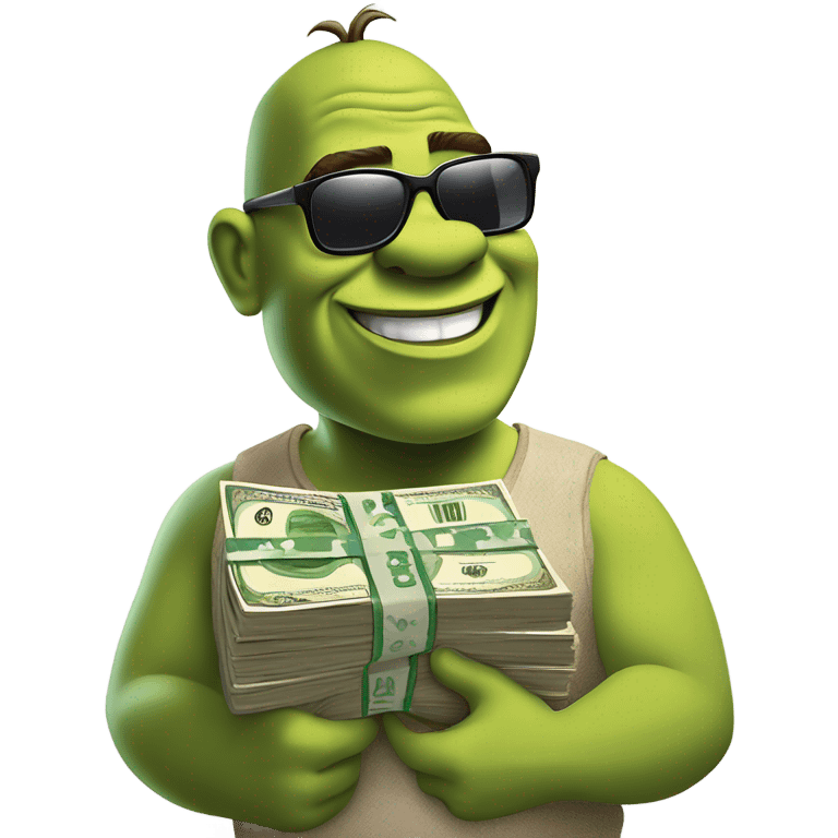 Shrek wearing sunglasses while counting money emoji