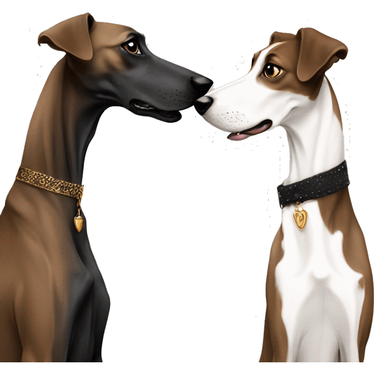 Two aristocrat dog black and white galgo kiss with women brown hair  emoji