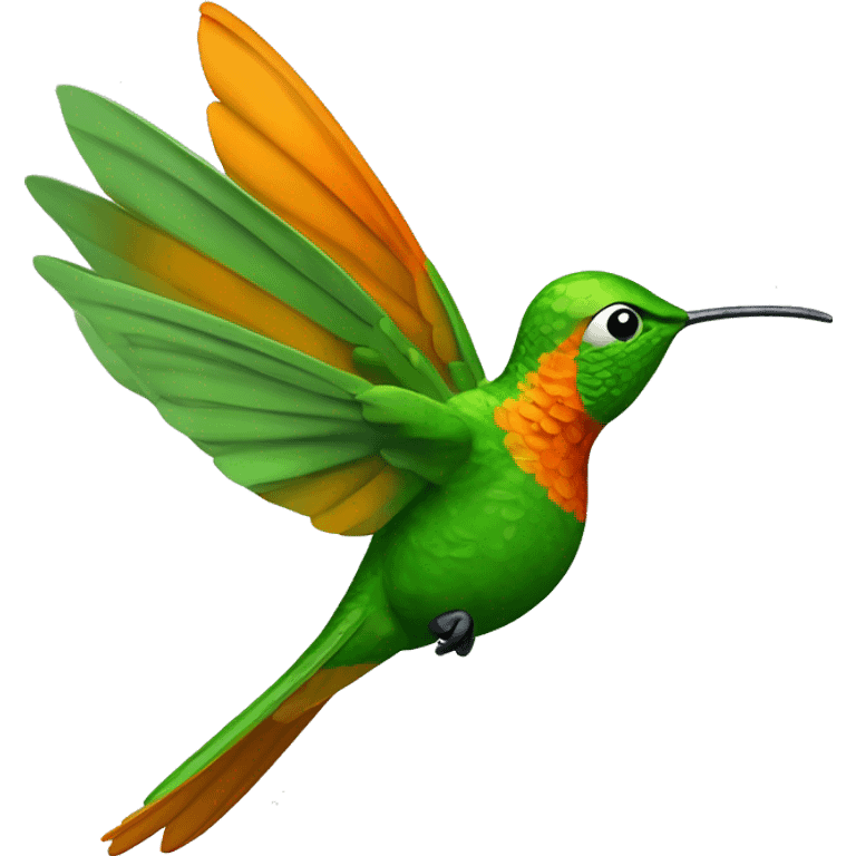 El colibrí simboliza equilibrio y movimiento, cuerpo  tonos verdes y naranjas suaves. Su expresión es amigable y sabia, con ojos grandes y cálidos que transmiten cercanía. El pico ligeramente inclinado hacia abajo refleja concentración y reflexión. emoji