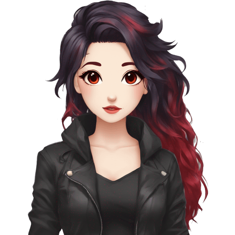 Gorgeous anime style lady with blushing face aesthetic and pretty edgy black red punk hair with hair garment trending style emoji