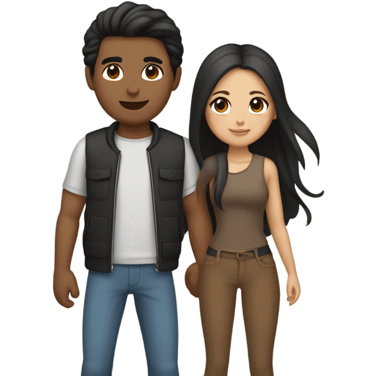 a couple holding hands. the guy has black middle part hair and is Persian and Filipino mix, wearing a jacket. the girl has brown hair white and asian mix, wearing a crop top. emoji