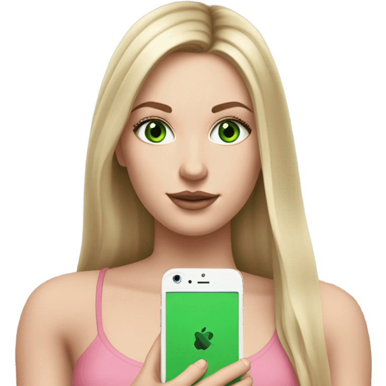 Realistic White girl with Long straight blonde hair, green eyes, tattoos, full body wearing white crop top, holding pink iphone emoji