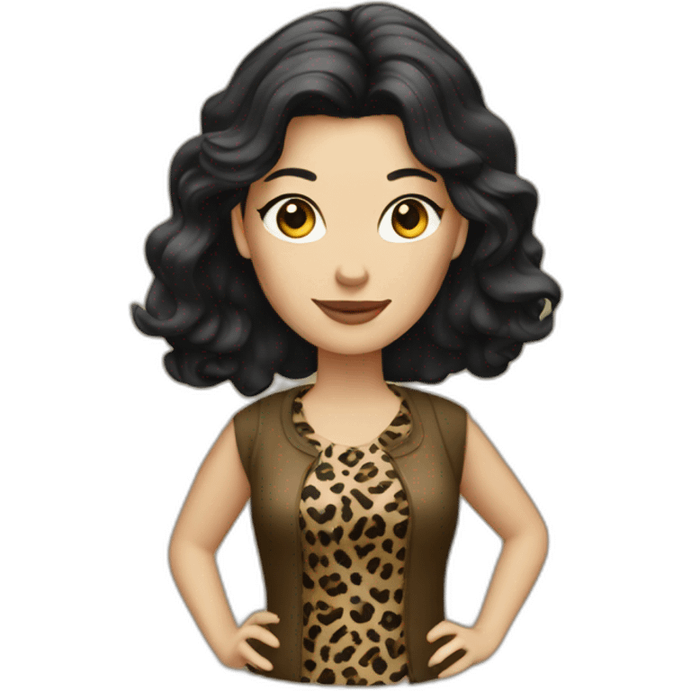 dark-haired white woman dressed in leopard emoji