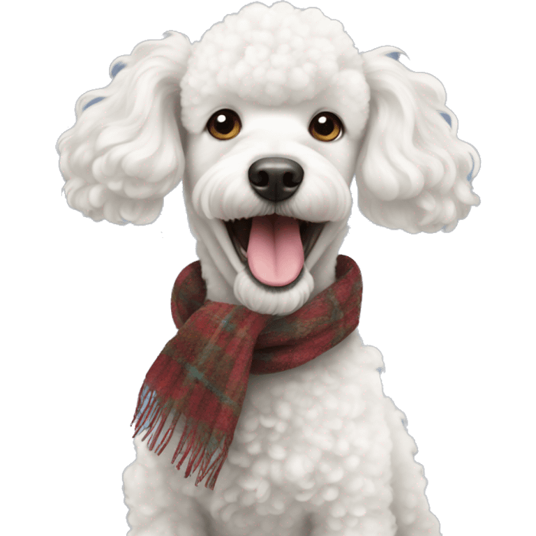 A white poodle with a scarf in its teeth emoji