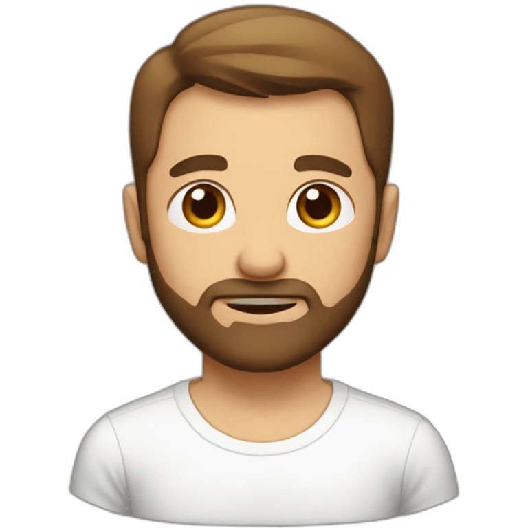 man with brown short hair and short beard wearing a t-shirt with the word escutai emoji