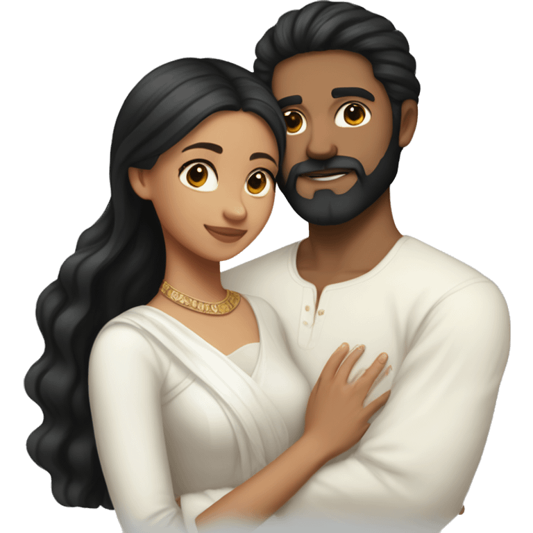 Light skin;Black long hair girl  in a white saree hugging with a man with black beard and short hair on top emoji