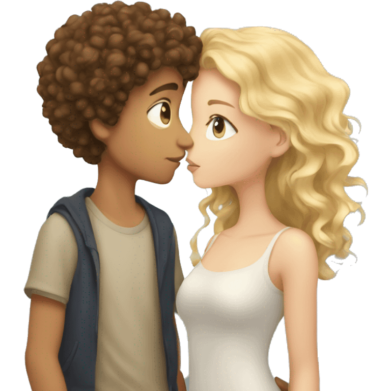 Boy with brown curly hair and blue eyes kissing blond girl  emoji