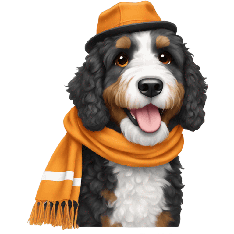 Bernedoodle with University of tennessee hat and scarf emoji