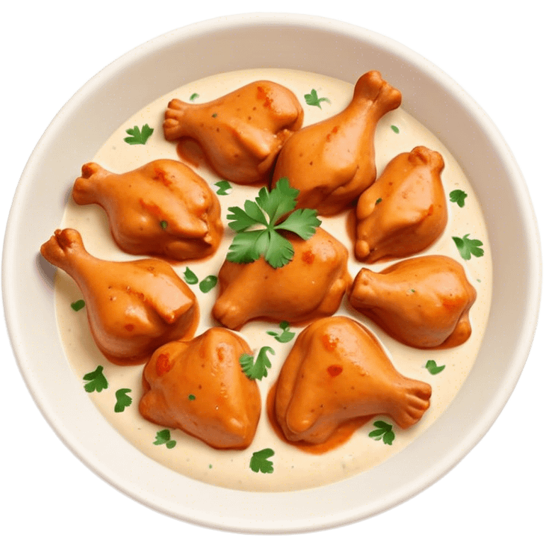 Butter Chicken Cinematic Realistic Butter Chicken Dish Emoji, depicted as tender chicken pieces sliced up and bathed in a creamy white sauce garnished with fresh cilantro, rendered with rich textures and vibrant, appetizing lighting. emoji