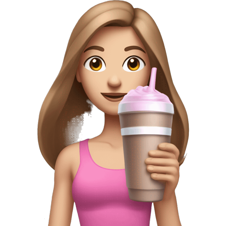 a girl with brown long straightened hair and blue eyes with pink leggings and pink sports top with a protein shake in her hand emoji