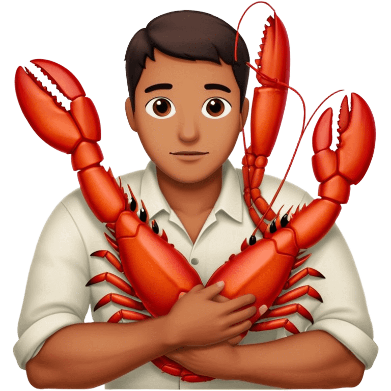 Man cuddling a big red lobster emoji