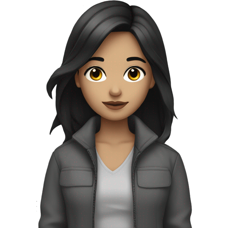 A girl whit black hair and black eyes whit a jacket color grey  emoji