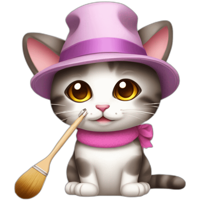 Kawaii cat artist in hat with palette and brush so it can be used as a mouse cursor emoji