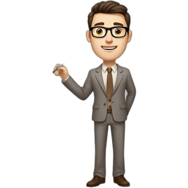 Pale skinned fit man with dark brown hair in gray jacket, beige office shirt, brown tie, brown pants and vintage glasses Writing on the flipchart emoji