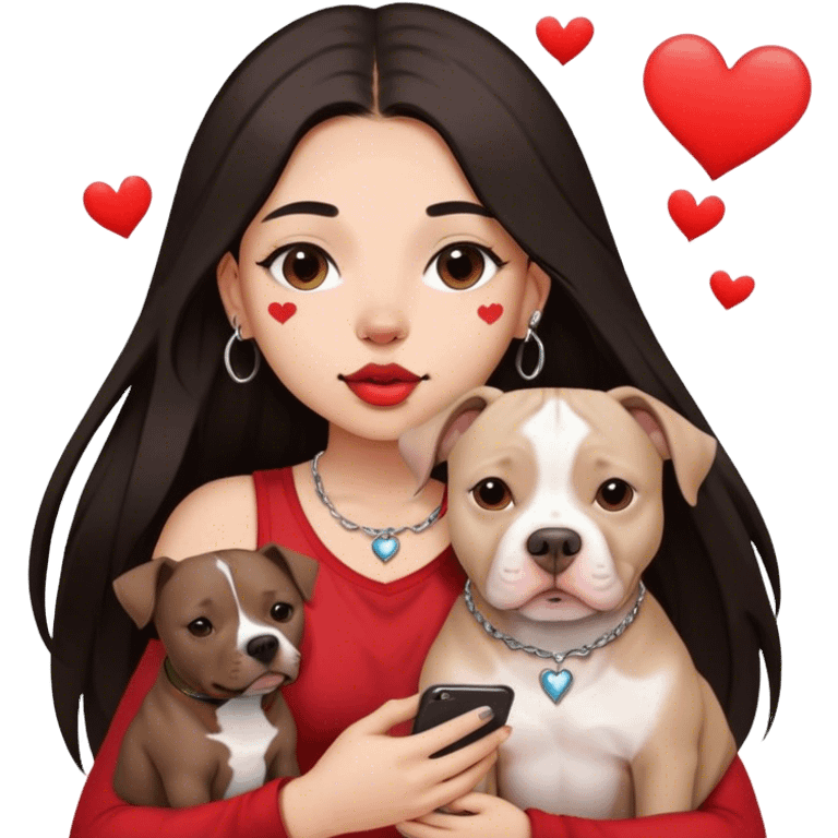 Young girl, with long dark hair, kind of chop you around her face holds her phone sitting by her pitbull. She has a small septum ring in her nose and heart fly all around her. emoji