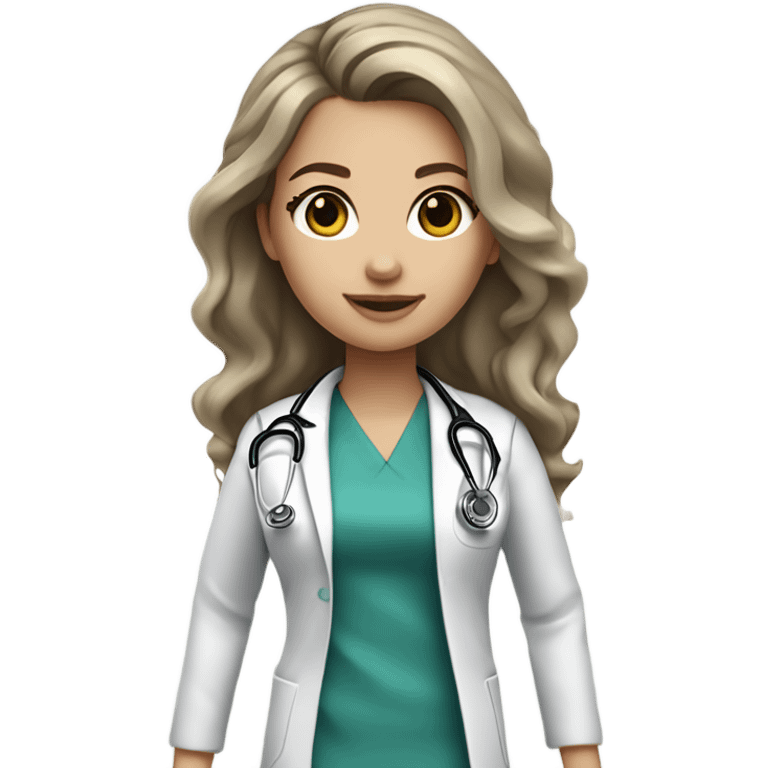 Girl doctor with black stethoscope, beige scrub, light brown hair with grey halo highlights (underside of hair is bleached and grey), blue-green eyes, wavy hair, doll emoji