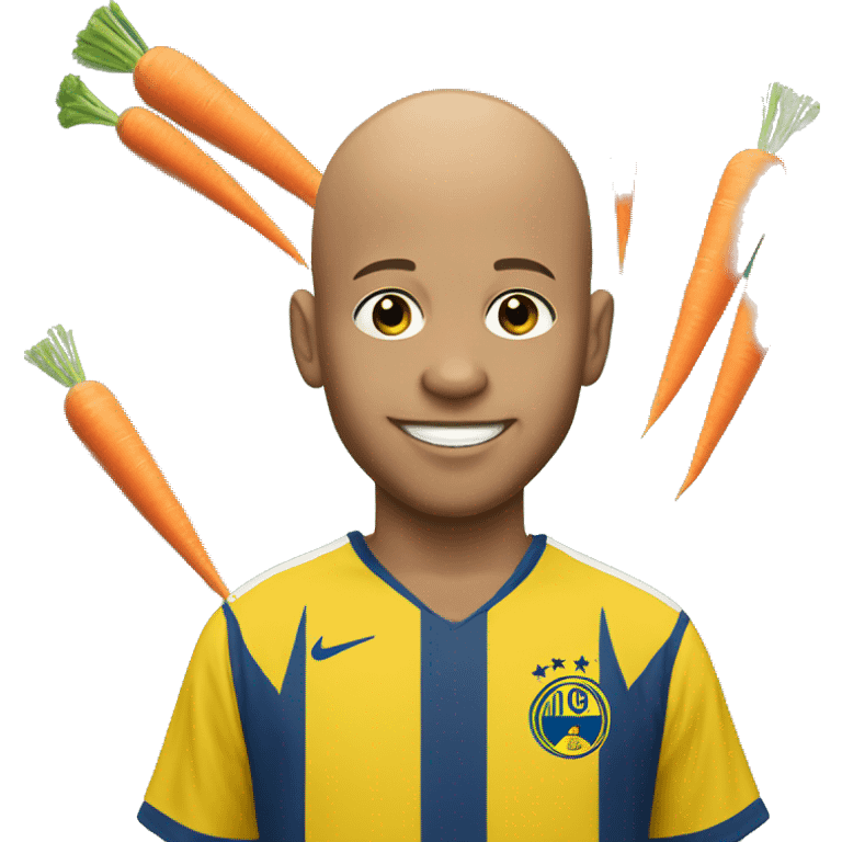 A bald boy wearing a yellow Neymar jersey holding carrots emoji