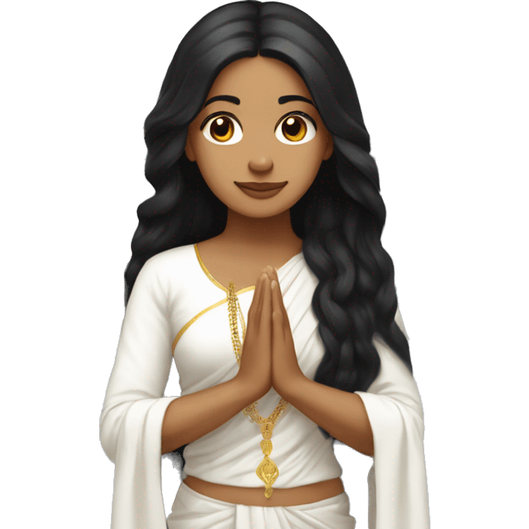 Light skin ;Black long hair wearing white saree praying infront a white temple emoji