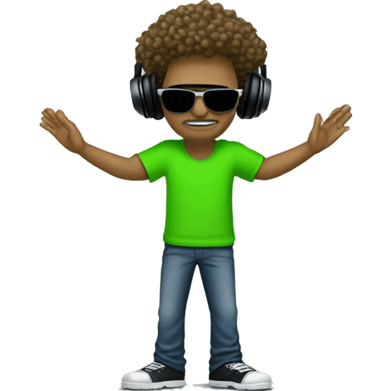 tall dj man with long frizzy hair, shades, headphones and an electric green shirt on that says “CHANTS” emoji