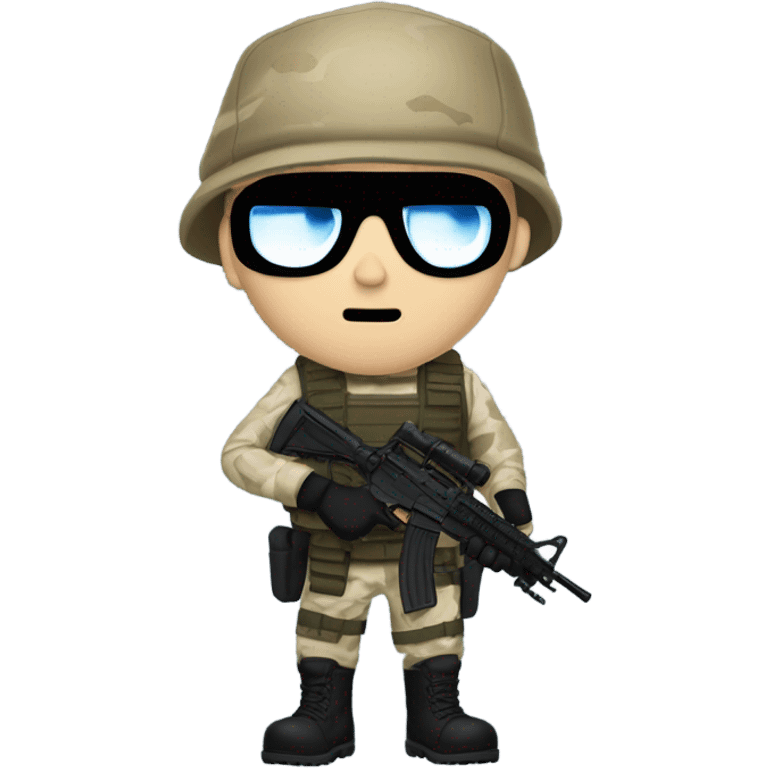 White male, call of duty black mask, camo tactical gear, tan combat boots, black beanie, blue eyes emoji