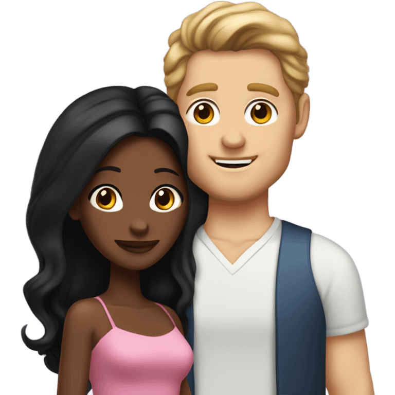 A handsome white man who has long brown hair and tanned skin with a pretty black woman who has long black hair and she is wearing a pink dress and they are a couple emoji