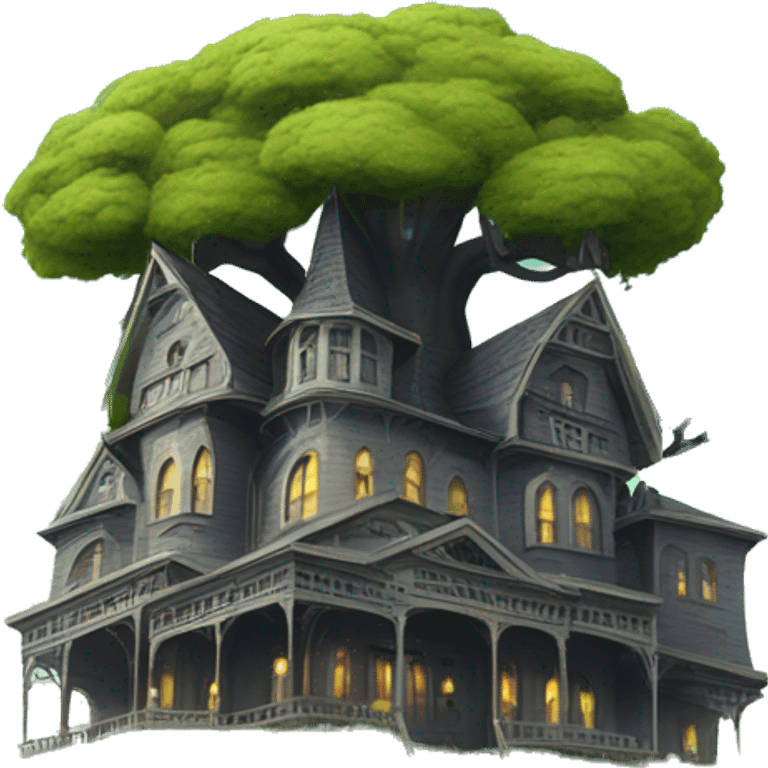 Fantastic haunted Addams tree hotel overgrown on a hill  emoji