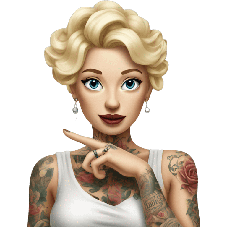 Blonde elegant women, her Body Covered with Tattoos, POINTING ON YOU FORWARD with her Hand, Hyper realistic emoji