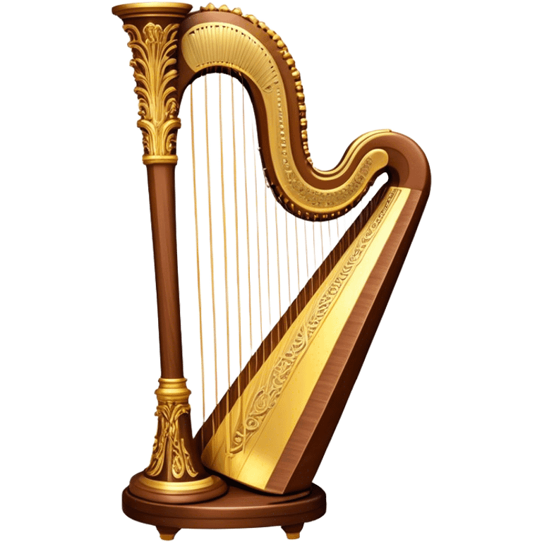 Create a luxurious and elegant emoji representing the LOUIS XV SPECIAL harp by the American manufacturer Lion & Healy. The design should feature the intricate, ornate frame of the harp with beautifully detailed carvings, highlighting the classical Louis XV style. Add golden strings and a subtle glimmer to evoke the high-end craftsmanship. Include delicate accents like musical notes flowing around the instrument to symbolize its melodic sound. Use warm, rich colors like gold, mahogany, and deep wood tones to reflect its luxurious and classical design. The background should be transparent. emoji