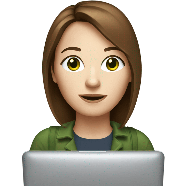 Web designer carrying a pc in her hands. white woman with medium-length brown hair, green eyes and freckles on her nose. emoji