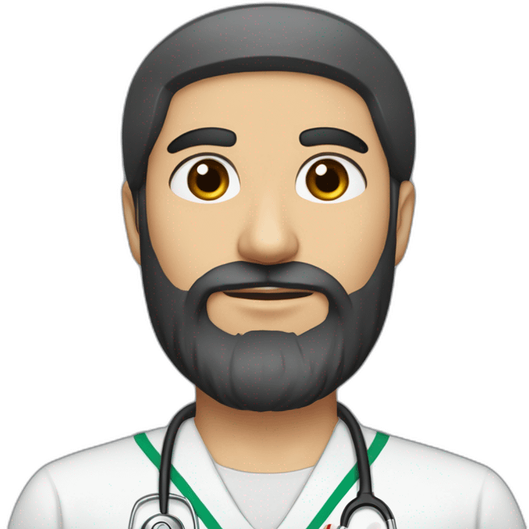 An Iranian man with fair skin, with relatively long hair and an English model, with a medical uniform and a medium-shaded black beard, handsome black eyes and a round face and big lips. emoji