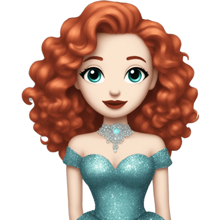 pale skin, long curly red hair, aquamarine, glitter, ball gown, red lipstick, black eyeliner, full body emoji