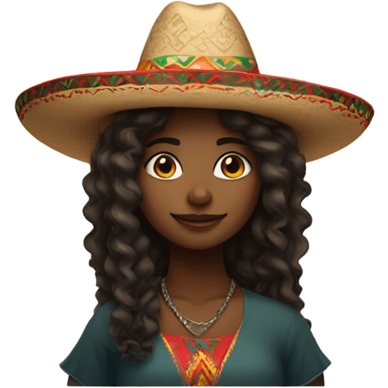 Darkskin girl with long curly hair with Mexican hat on emoji