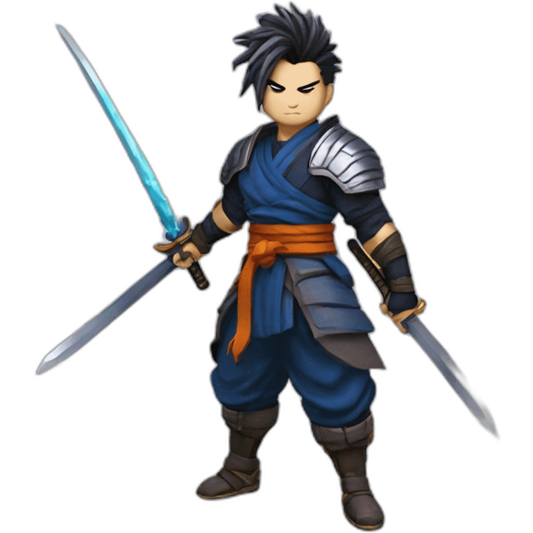 yasuo from league of legend in the dragon ball z style with color with a tired hair and a katana emoji