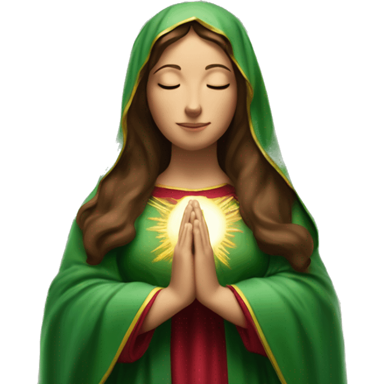 Virgin Mary: kind face looking down at the left, long brown hair, Wearing an emerald green  robe with gold stars and a burgundy red dress,  Hands in prayer or blessing. Halo around her head. standing in front of a big sun. colorful roses on the sides  emoji