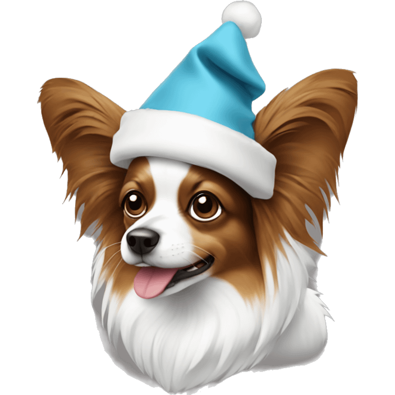 Papillon dog in white and brown wearing santa hat emoji